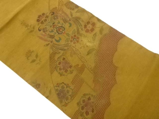 手織り紬汕頭刺繍相良刺繍向かい鳳凰に華文・草花模様名古屋帯